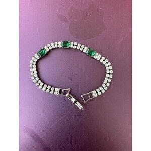 Vintage Emerald Green & Sparkly Rhinestones Art Deco Style Bracelet Hollywood 7”